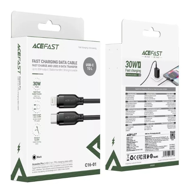 Фото - Кабель AceFast C16-01 TPU charging data cable USB-C to L Black (6974316286196)