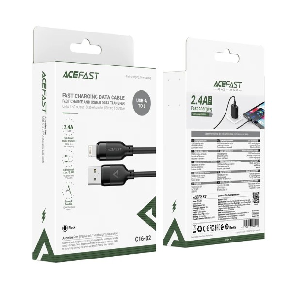 Фото - Кабель AceFast C16-02 TPU charging data cable USB-A to L Black (6974316286202)