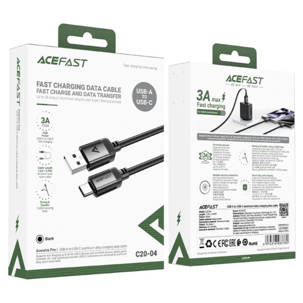 Фото - Кабель AceFast USB 2.0 AM-Type-C M, 1.2 м, 3.0A, aluminum alloy Black, C20-04 (6974316283782)