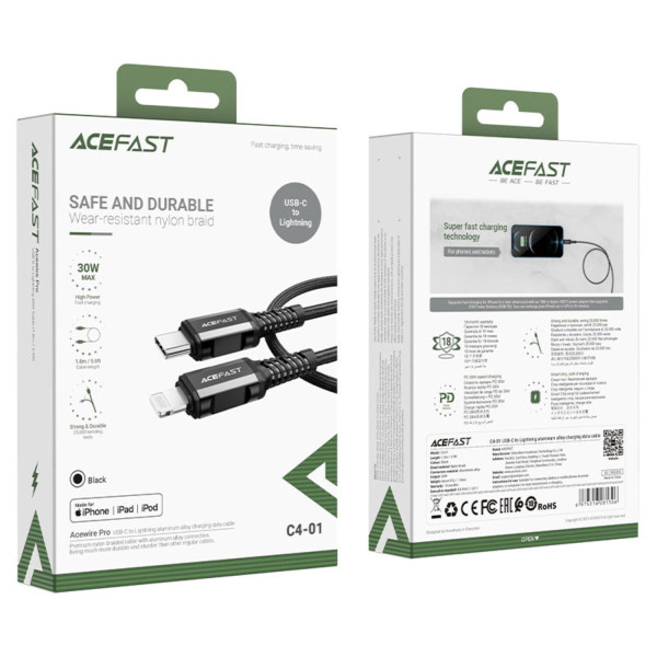 Фото - Кабель AceFast C4-01 Type-C to iP 3A, 30W, 1.8m, nylon, zinc connectors, Black (6974316281306)