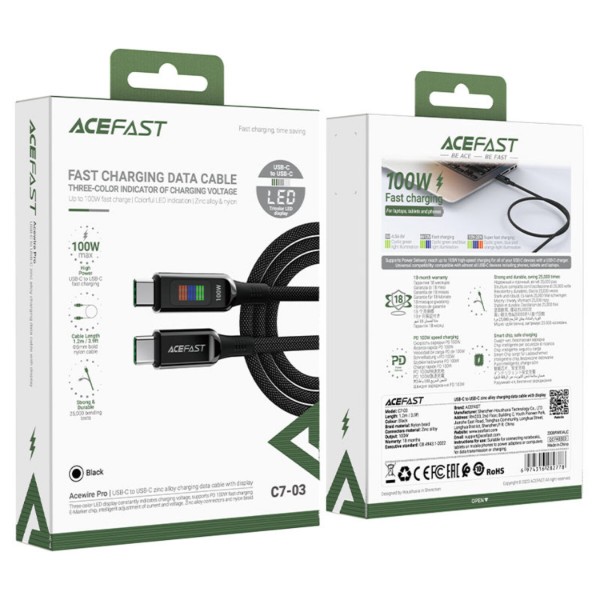 Фото - Кабель AceFast USB 2.0 USB-C to USB-C, 1,2 м, 100W, with display, C7-03 (6974316282778)