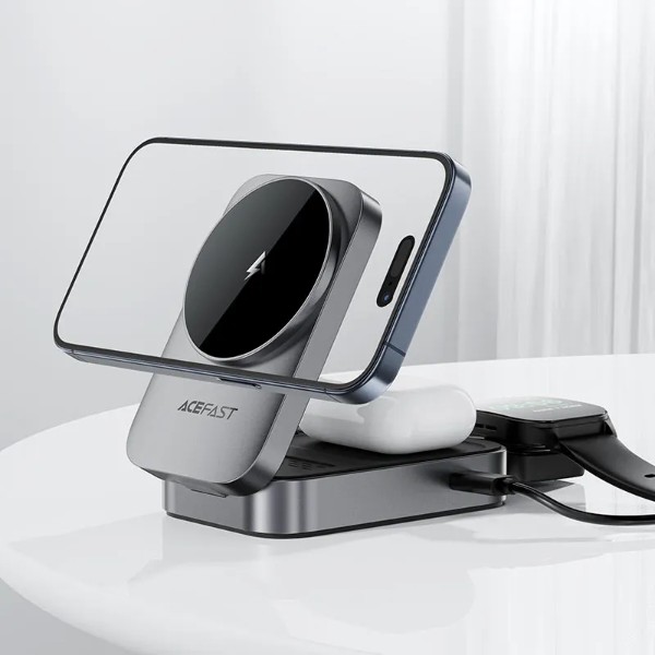 Фото - Бездротовий зарядний пристрій AceFast E22 Desktop 3-in-1 Wireless Charging holder Metal Gray (6974316284079)