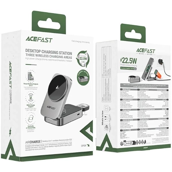 Фото - Бездротовий зарядний пристрій AceFast E22 Desktop 3-in-1 Wireless Charging holder Metal Gray (6974316284079)