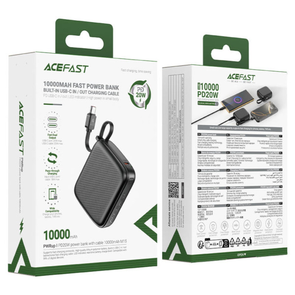 Фото - Батарея мобильная AceFast 10000mAh 20W PD,QC3.0 USB-C In/Out with build Type-C cable, M15 Black (6974316283973)