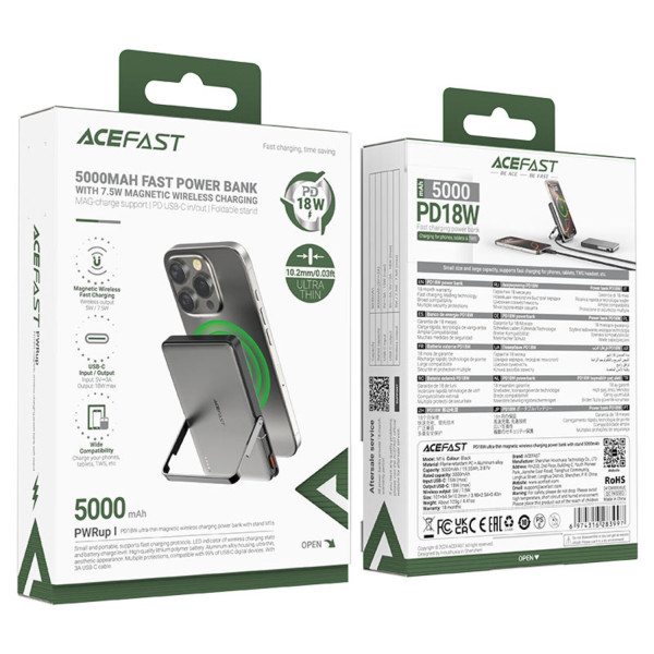 Фото - Батарея мобильная AceFast Magnetic Wireless 5000mAh 18W PD,QC3.0 USB-C In/Out,with holder M16 Black (6974316283997)