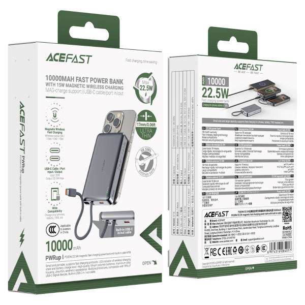 Фото - Батарея мобильная AceFast Magnetic Wireless 10000mAh 22.5W PD,QC 3.0 USB-C In/Out, QI 15W  M18 Black (6974316284017)