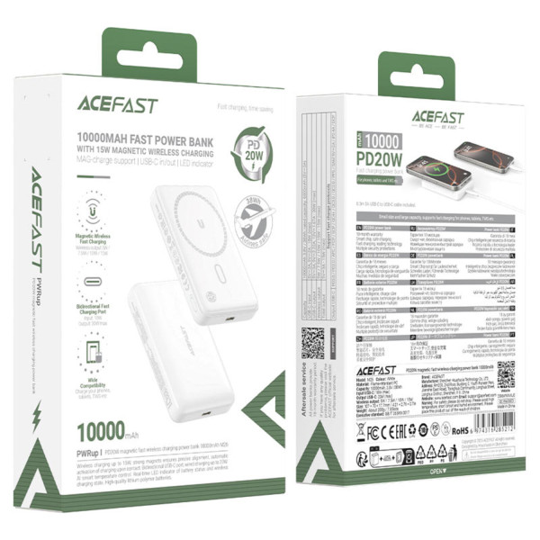 Фото - Батарея мобільна AceFast Magnetic Wireless 10000mAh 20W PD,QC 3.0, QI 15W, M26 White (6974316285212)