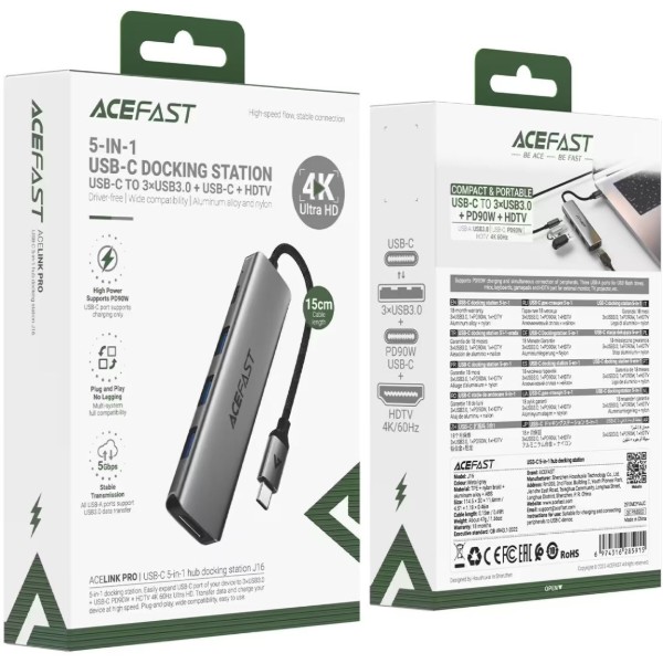 Фото - Хаб USB AceFast USB3.0 Type-C - HDMI4K/3xUSB-A 3.0/USB-C PD 90W Hub 5-in-1 J16 (6974316285915)