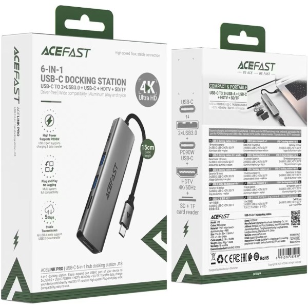 Фото - Хаб USB AceFast USB3.0 Type-C - HDMI4K@60Hz/2xUSB-A 3.0/TF/SD/USB-C 90W Hub 6-in-1 J18 (6974316285939)