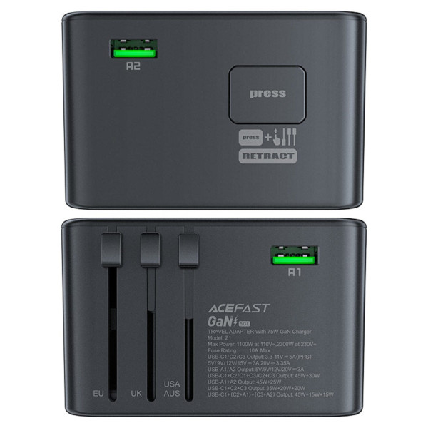 Фото - Мережевий зарядний пристрій AceFast 5xUSB 75W (3xUSB-C + 2xUSB-A) Gan Z1 Fast Charger (6974316282495)