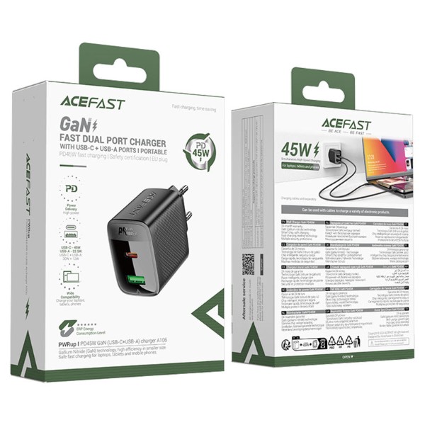Фото - Сетевое зарядное устройство AceFast 2xUSB 45W (USB-C+USB-A) Gan A106 Black (6974316284031)