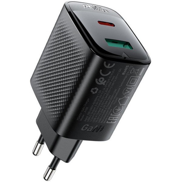 Фото - Сетевое зарядное устройство AceFast 2xUSB 45W (USB-C+USB-A) Gan A106 Black (6974316284031)