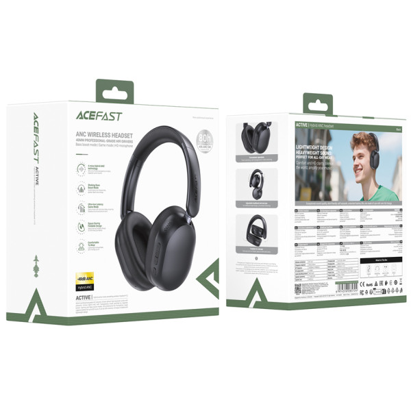 Фото - Наушники накладные беспроводные AceFast H12 hybrid ANC, Black (6974316285724)