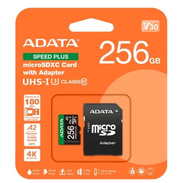 Фото - Карта памяти ADATA microSDXC (UHS-1 U3) SPEED PLUS 256Gb Class 10 V30 A2 adapter SD (UD256GUI3V30A2SP-RA1)