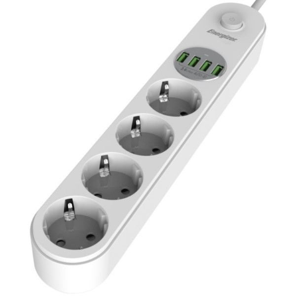Фото - Мережевий фільтр Energizer 4 розетки, 4xUSB 3.4A, з заземленням білий 2.0 м (EPB2500W00EU)