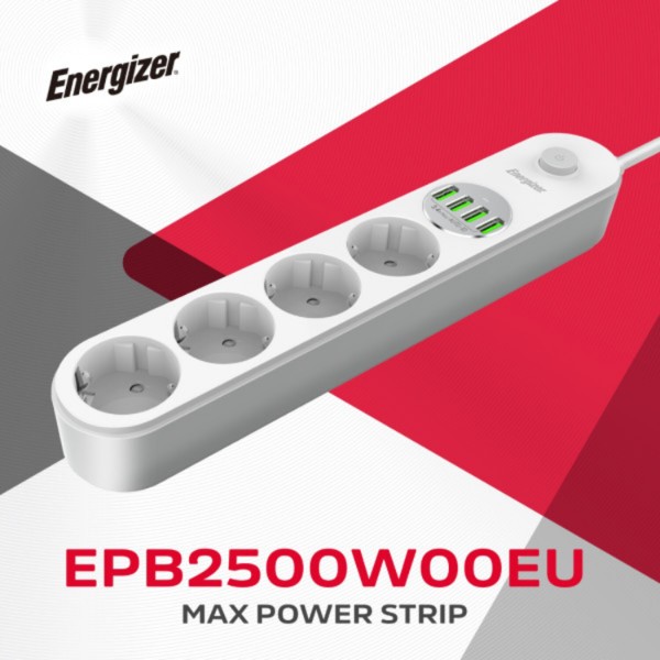 Фото - Мережевий фільтр Energizer 4 розетки, 4xUSB 3.4A, з заземленням білий 2.0 м (EPB2500W00EU)