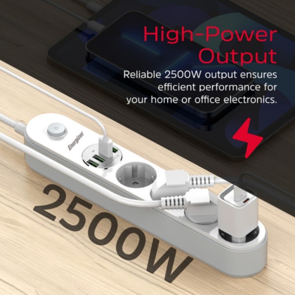 Фото - Мережевий фільтр Energizer 4 розетки, 4xUSB 3.4A, з заземленням білий 2.0 м (EPB2500W00EU)