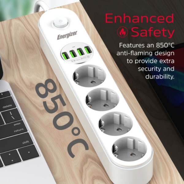 Фото - Мережевий фільтр Energizer 4 розетки, 4xUSB 3.4A, з заземленням білий 2.0 м (EPB2500W00EU)