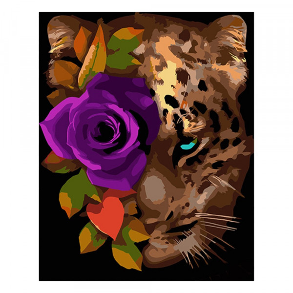 Фото - Картина за номерами Strateg Леопард з трояндою 40х50 см (AH1002)