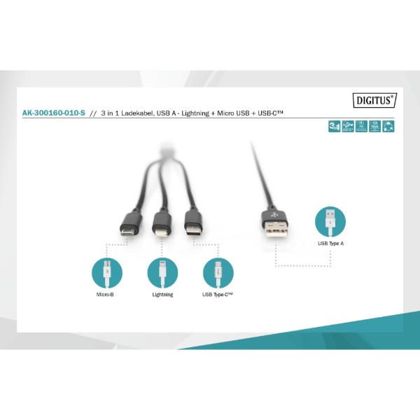 Фото - Кабель Digitus USB-A - Lightning/USB-С/microUSB 1m Type-C Black (AK-300160-010-S)