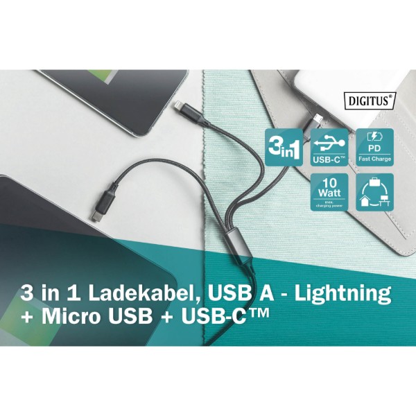 Фото - Кабель Digitus USB-A - Lightning/USB-С/microUSB 1m Type-C Black (AK-300160-010-S)