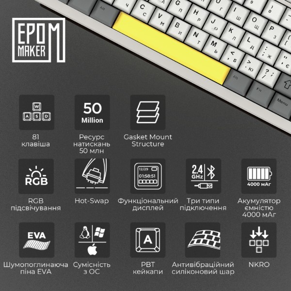 Фото - Клавиатура беспроводная игровая EPOMAKER AK820 Pro Flying Fish Switch Hot-Swap White (AK820-PRO-W-FF)