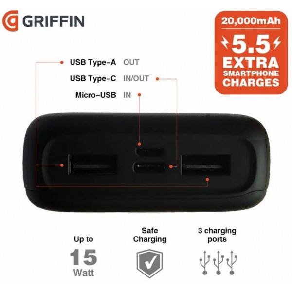 Фото - Портативна акустика JBL Charge 5 Black (JBLCHARGE5BLK) + акум. батарея 20000mAh Griffin (GP-149-BLK) (JBLCHARGE5BLKPB)