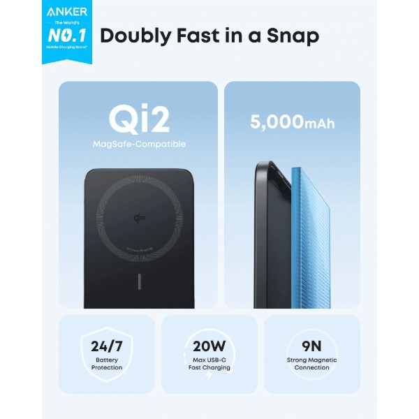 Фото - Батарея мобильная Anker Nano - 5000 mAh Qi2 15W MagGo Slim Black (A1665H11)