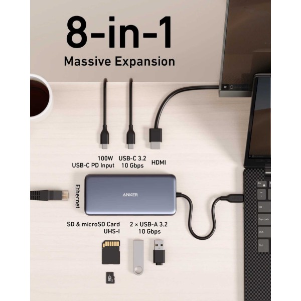 Фото - Хаб USB Anker PowerExpand 8-in-1 - PD in 100W/HDMI/2xUSB-A/USB-C 10Gbps/LAN/SD Black (A83830A2)