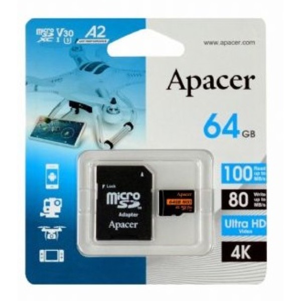 Фото - Карта памяти Apacer microSDXC 64GB UHS-I/U3 Class 10 (AP64GMCSX10U8-R) + SD адаптер