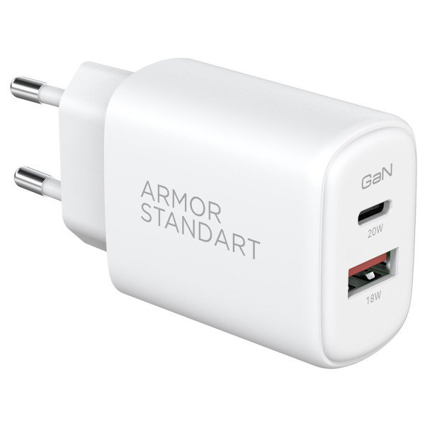 Фото - Мережевий зарядний пристрій Armorstandart Poweraze 20W GaN Type-C + USB-A White (ARM87066)