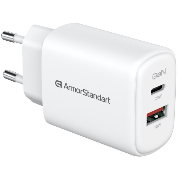 Фото - Сетевое зарядное устройство Armorstandart AR-T202WEU 20W GaN USB-C+ USB-A White (ARM89531)