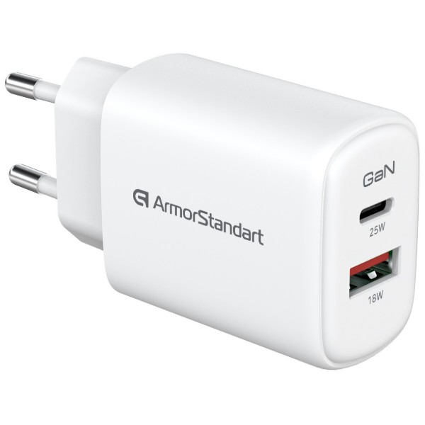 Фото - Сетевое зарядное устройство Armorstandart AR-T252WEU 25W GaN USB-C+ USB-A White (ARM89532)