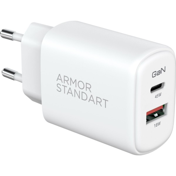 Фото - Мережевий зарядний пристрій Armorstandart Poweraze 45W GaN Type-C+USB-A White (ARM90431)