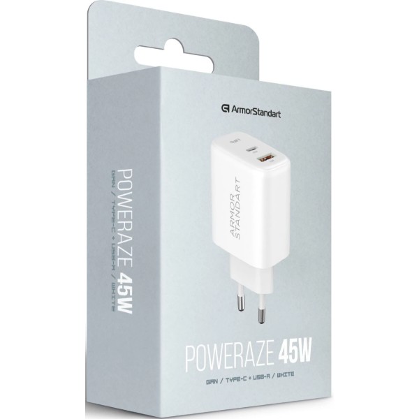 Фото - Мережевий зарядний пристрій Armorstandart Poweraze 45W GaN Type-C+USB-A White (ARM90431)