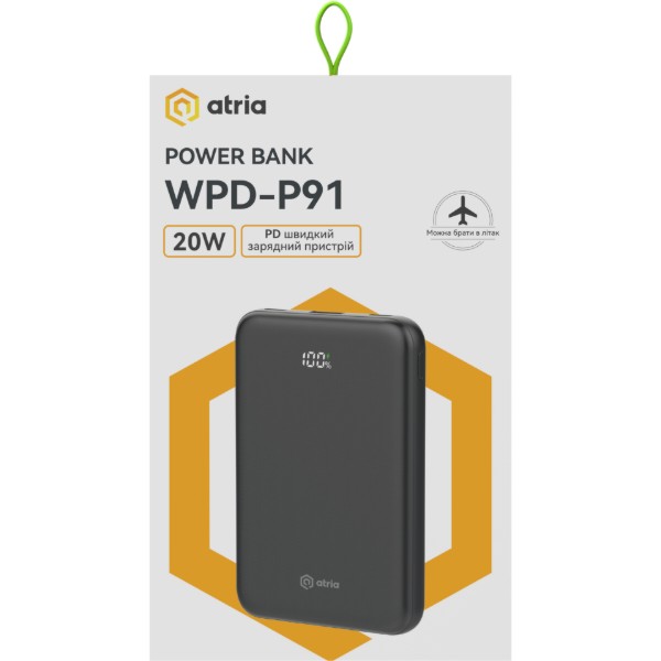 Фото - Батарея мобільна ATRIA PD22.5W USB-C 10000mAh (WPD-P91)