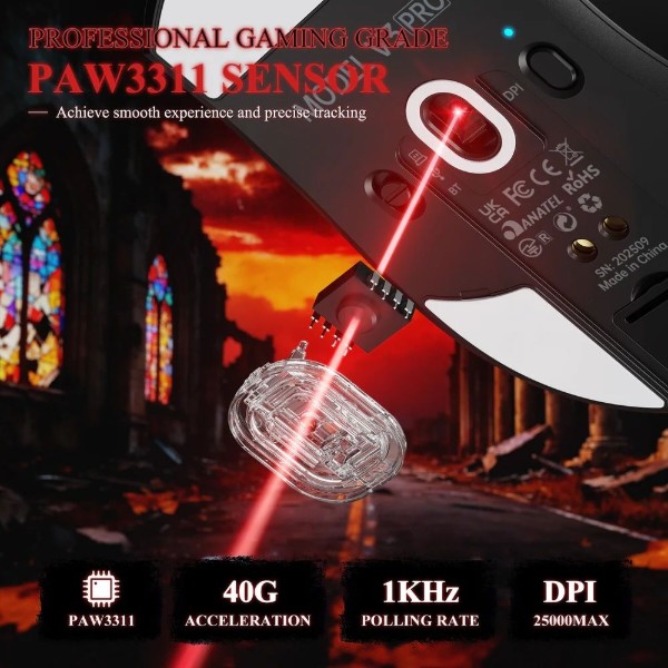 Фото - Мышь беспроводная игровая Attack Shark V3Pro Ultra-Light, Wireless/Bluetooth, 25000dpi. (PAW3311), 6кн., Black (V3PROB_AS)