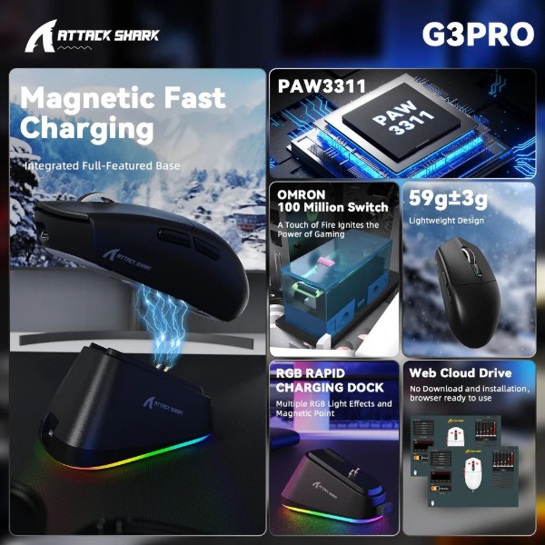 Фото - Мышь беспроводная игровая Attack Shark G3 PRO, Wireless/Bluetooth, 25000dpi. (PAW3311), 6кн., Black (G3PROB_AS)