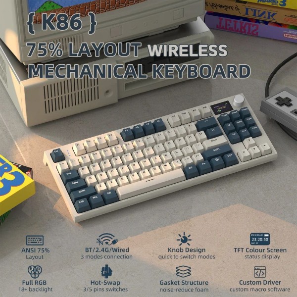 Фото - Клавіатура бездротова ігрова Attack Shark K86 87кл.RGB, Wireless, TFT disp, Blue Whale Switch (K86RB_AS)