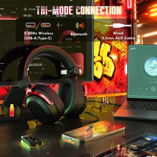 Фото - Гарнітура бездротова ігрова Attack Shark L30PRO Wireless,2.4GHz/Bluetooth/3.5mm AUX/AUX-to-Type-C,Black and Red (L30PROBR_AS)