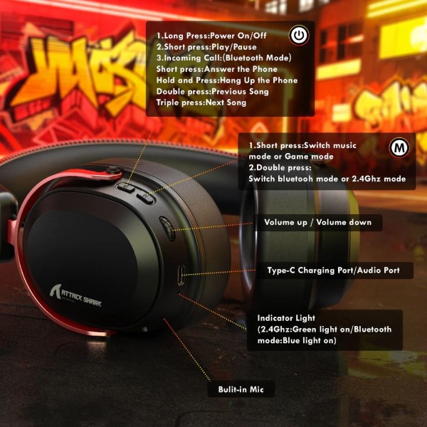 Фото - Гарнітура бездротова ігрова Attack Shark L30PRO Wireless,2.4GHz/Bluetooth/3.5mm AUX/AUX-to-Type-C,Black and Red (L30PROBR_AS)