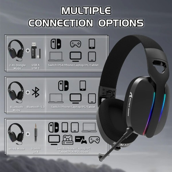 Фото - Гарнітура бездротова ігрова Attack Shark L90 Wireless,2.4GHz/Bluetooth/3.5mm PS4/PS5/Switch/Xbox/Mac/PC Black (L90B_AS)