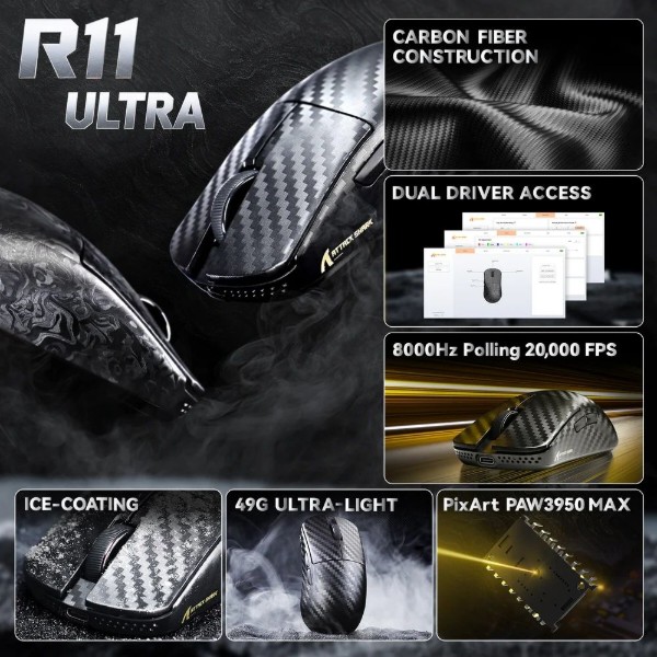 Фото - Мышь беспроводная игровая Attack Shark R11 Ultra, Wireless/Bluetooth, 42000dpi. (PAW3950MAX) 6кн., Phantom Shark (R11ULTRAPS_AS)