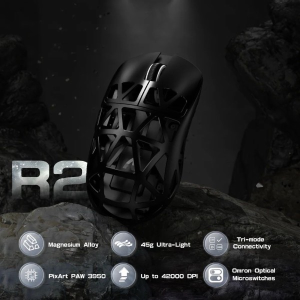 Фото - Мышь беспроводная игровая Attack Shark R2, Wireless/Bluetooth, 42000dpi, (PAW3950), 6кн., Black (R2B_AS)