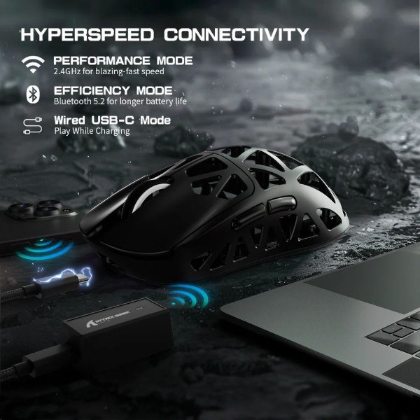 Фото - Мышь беспроводная игровая Attack Shark R2, Wireless/Bluetooth, 42000dpi, (PAW3950), 6кн., Black (R2B_AS)