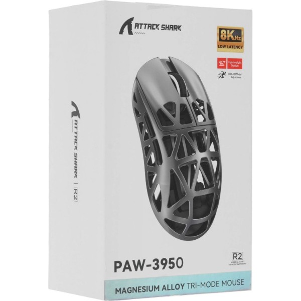 Фото - Мышь беспроводная игровая Attack Shark R2, Wireless/Bluetooth, 42000dpi. (PAW3950), 6кн., Silver gray (R2SGR_AS)