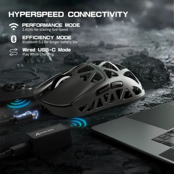 Фото - Мышь беспроводная игровая Attack Shark R2, Wireless/Bluetooth, 42000dpi. (PAW3950), 6кн., Silver gray (R2SGR_AS)