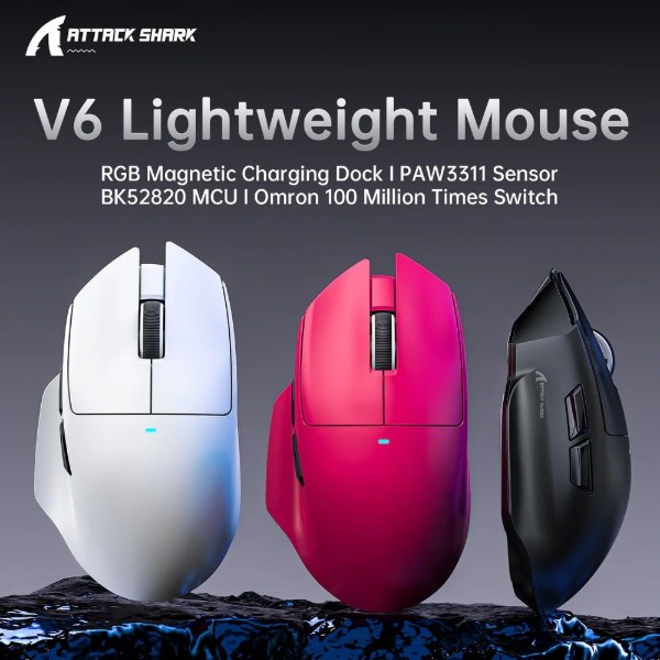 Фото - Мышь беспроводная игровая Attack Shark V6 Ultra-Light, Wireless/Bluetooth, 25000dpi. (PAW3311), 7кн., Black (V6B_AS)