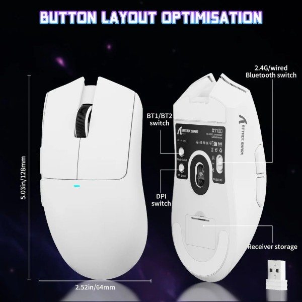Фото - Мышь беспроводная игровая Attack Shark X11SE, Wireless/Bluetooth, 22000dpi. (PAW3311), 6кн., White (X11SEW_AS)