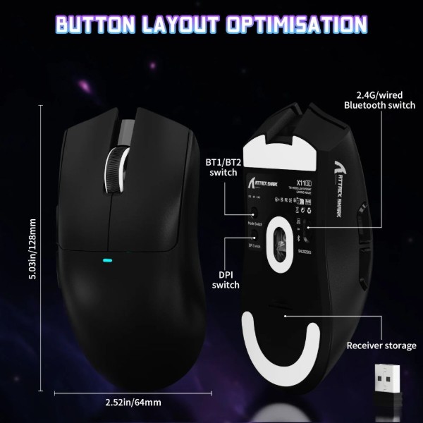 Фото - Мышь беспроводная игровая Attack Shark X11SE, Wireless//Bluetooth, 22000dpi. (PAW3311), 6кн., Black (X11SEB_AS)